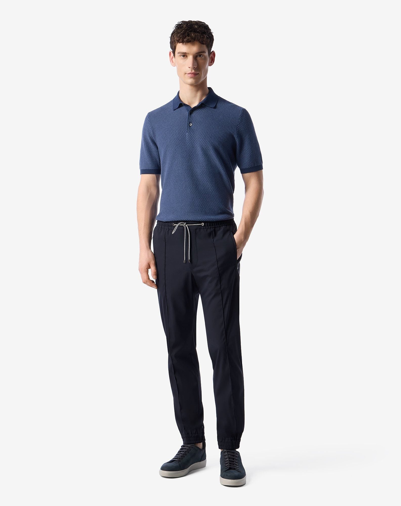 Navy blue technical wool fabric joggers