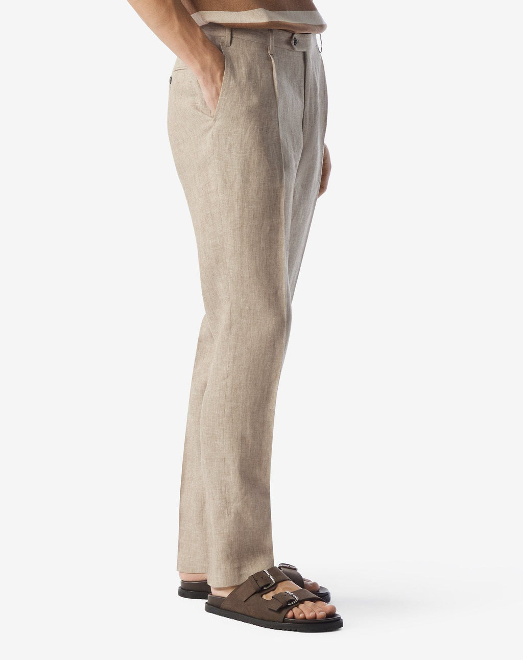 Single-dart beige trousers made from pure linen chambray