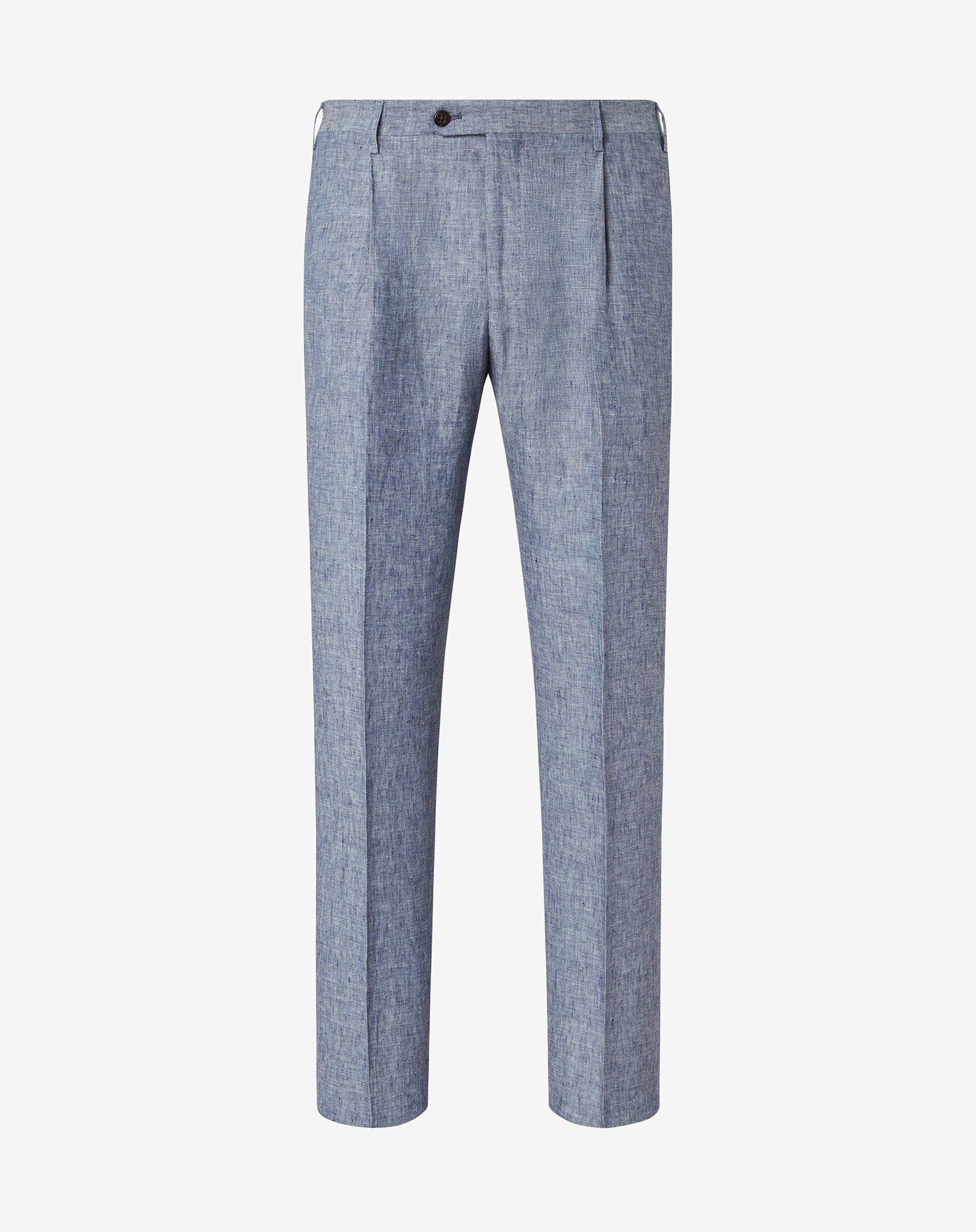 Single-dart denim blue trousers made from pure linen chambray