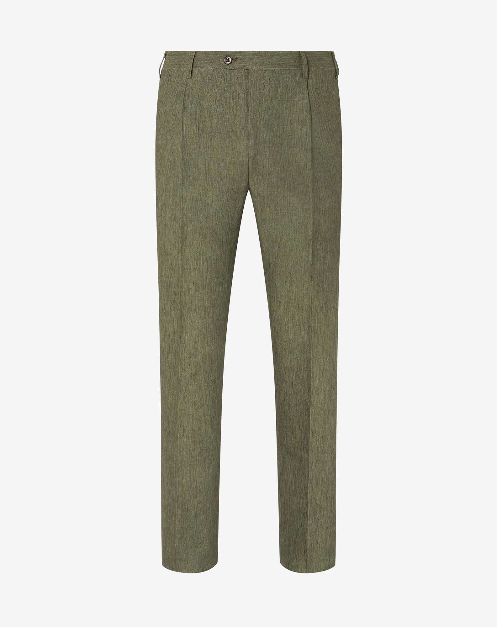 Single-dart green trousers made from pure linen chambray