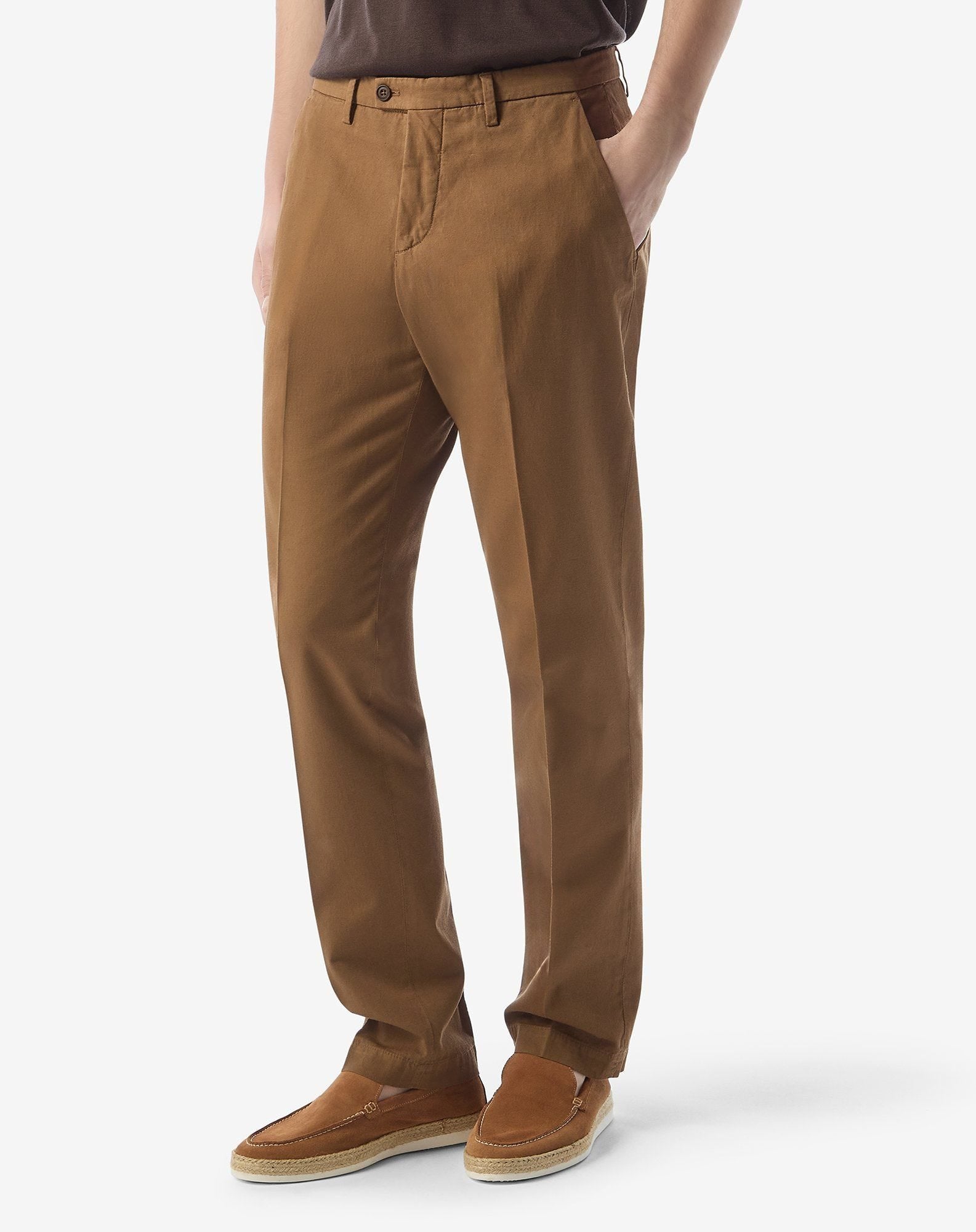 Brown stretch cotton and linen chinos