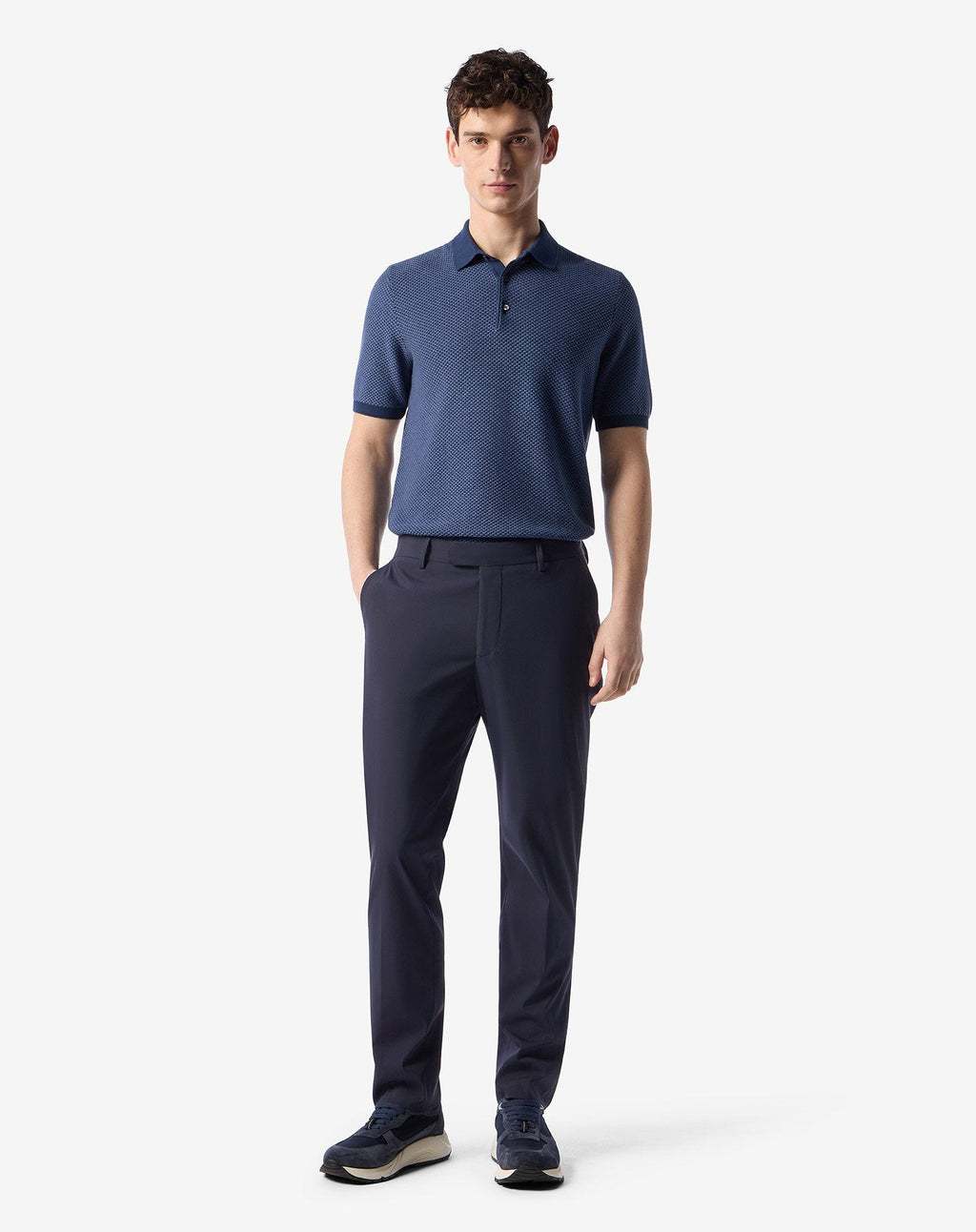 Dark blue technical wool fabric chinos