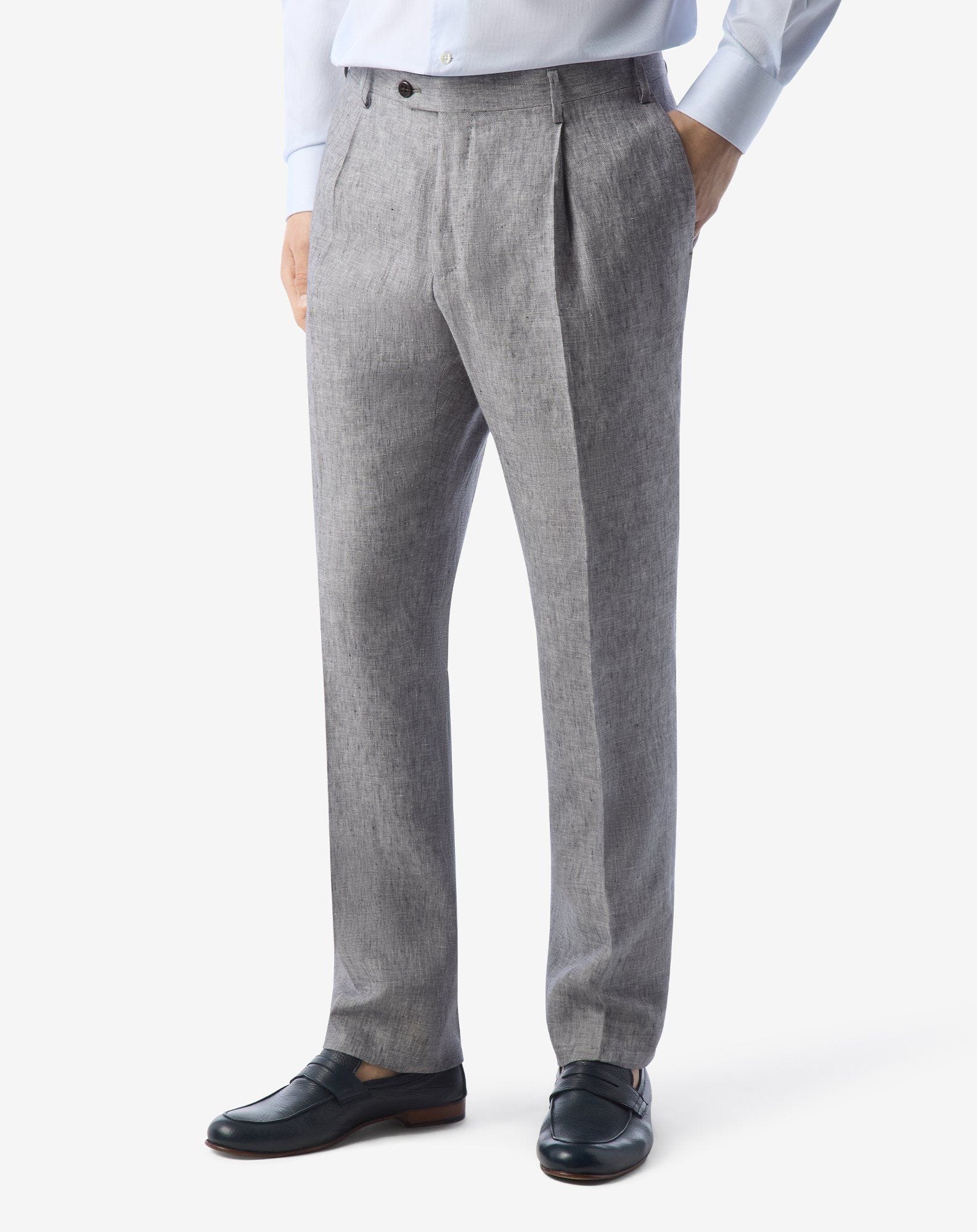 Single-dart grey trousers made from pure linen chambray