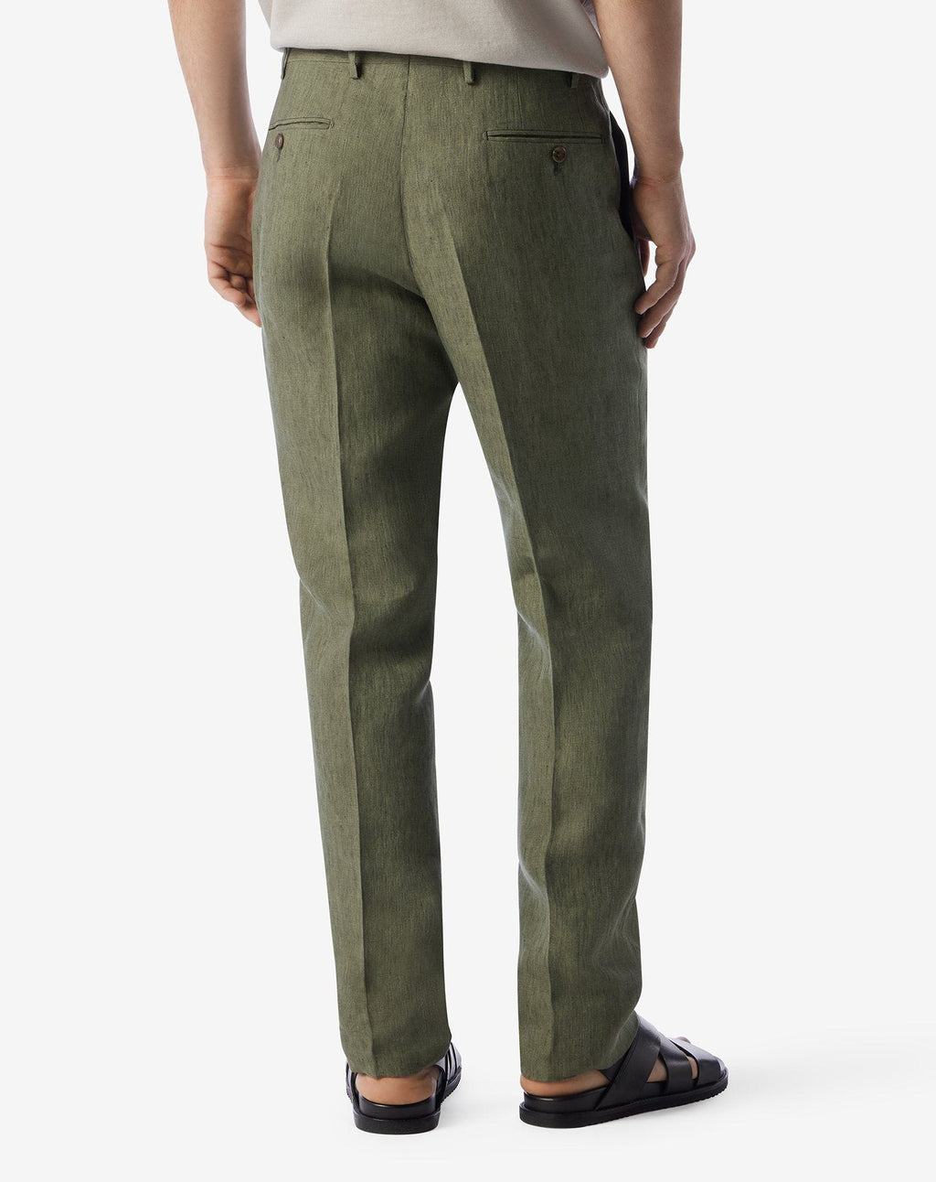Single-dart green trousers made from pure linen chambray