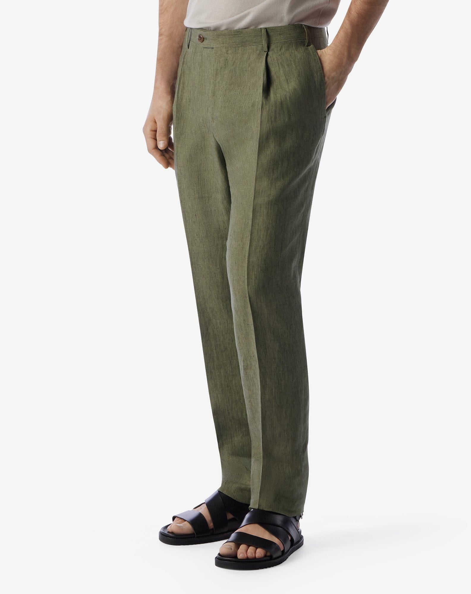 Single-dart green trousers made from pure linen chambray