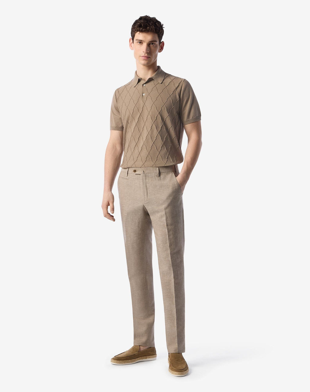 Beige wool and linen chambray trousers