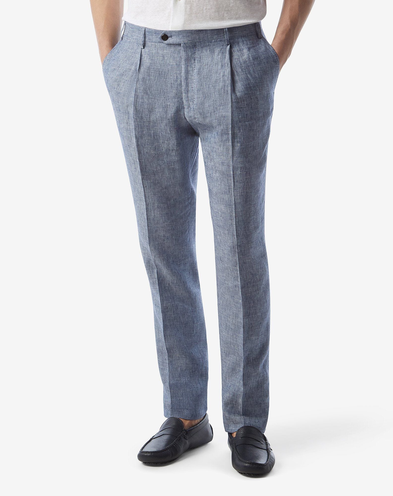 Single-dart denim blue trousers made from pure linen chambray