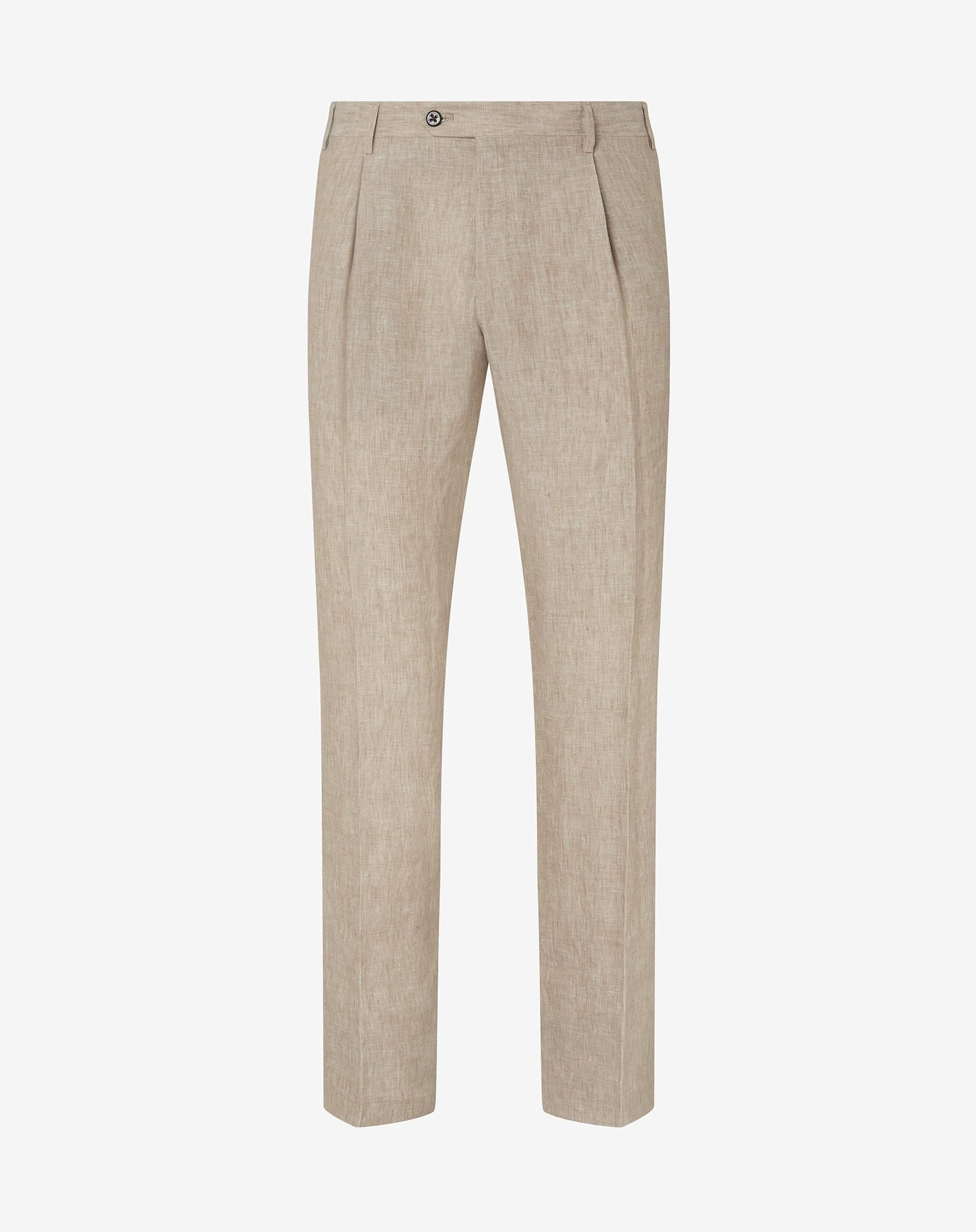 Single-dart beige trousers made from pure linen chambray