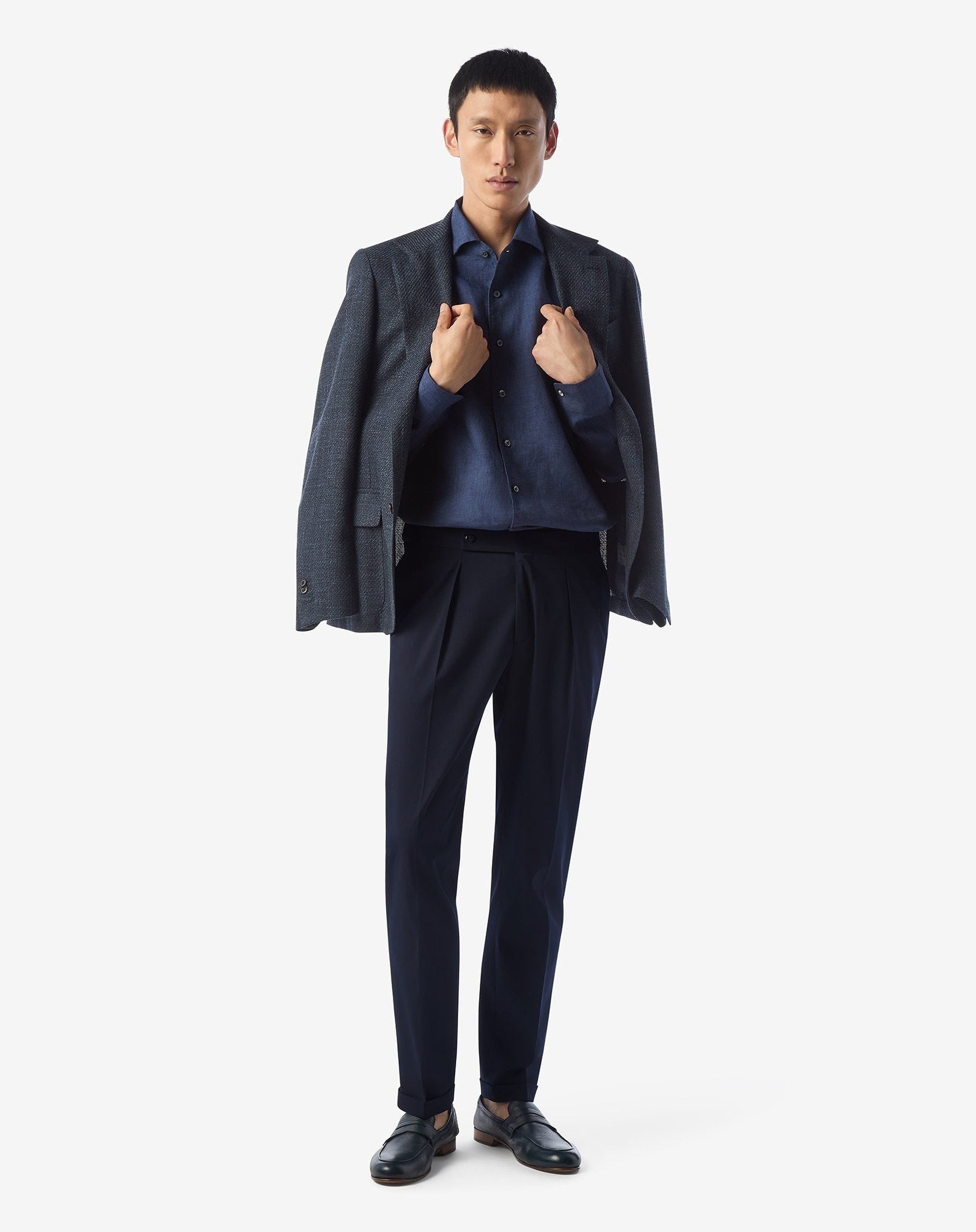 Navy blue stretch wool trousers