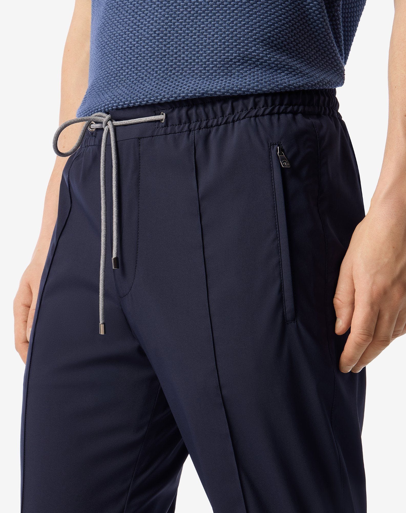 Navy blue technical wool fabric joggers