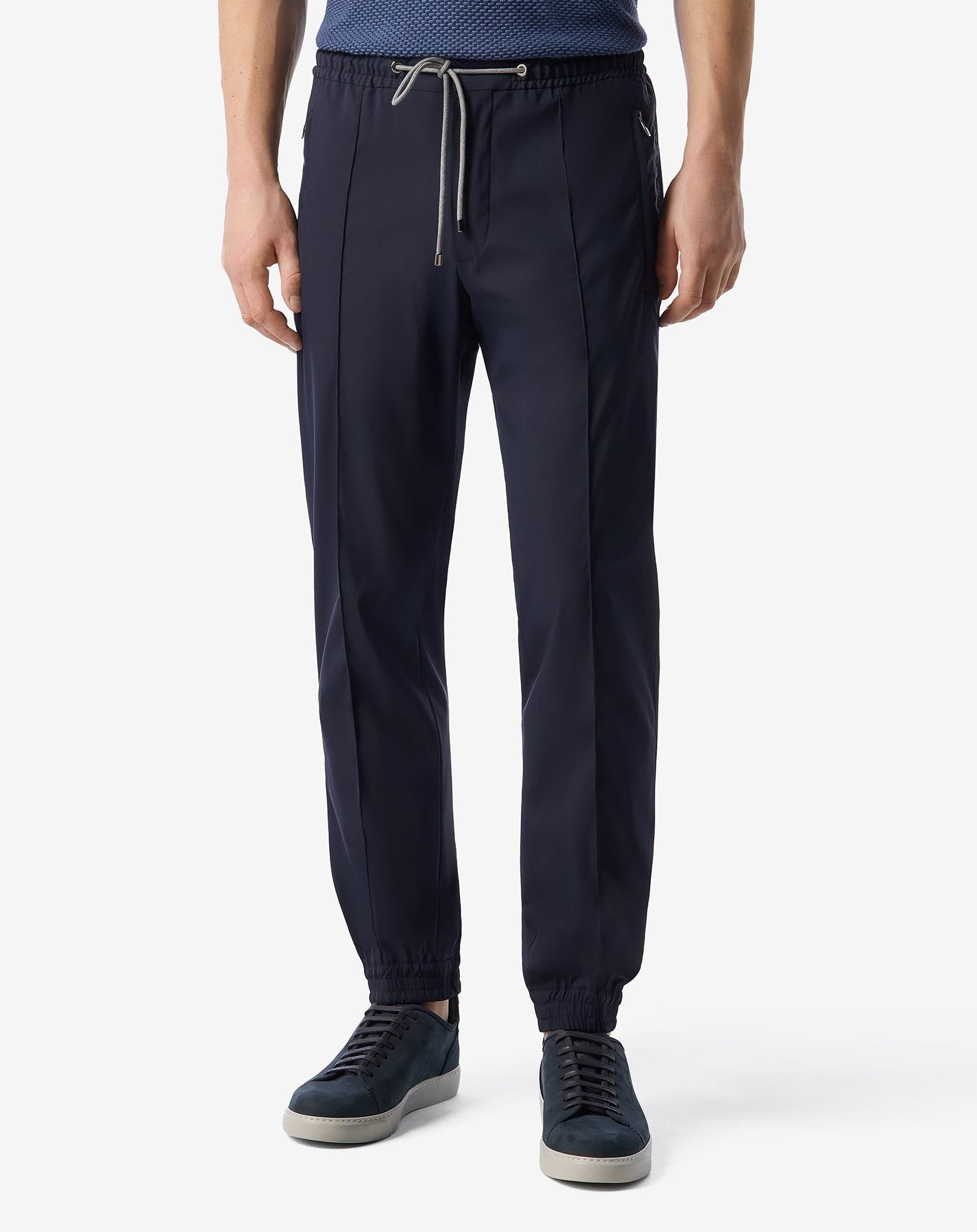 Navy blue technical wool fabric joggers