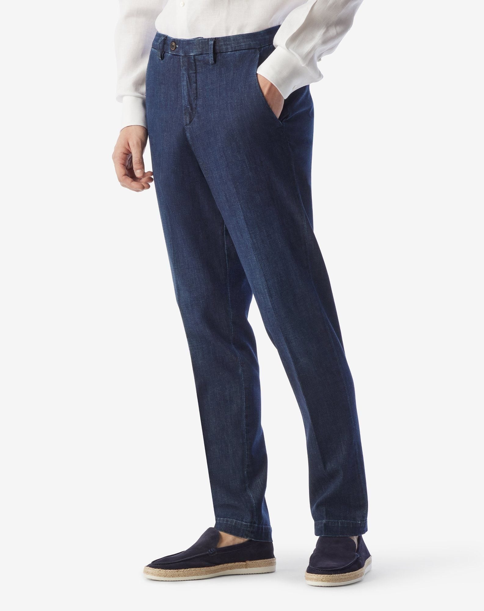 Navy blue stretch denim chinos