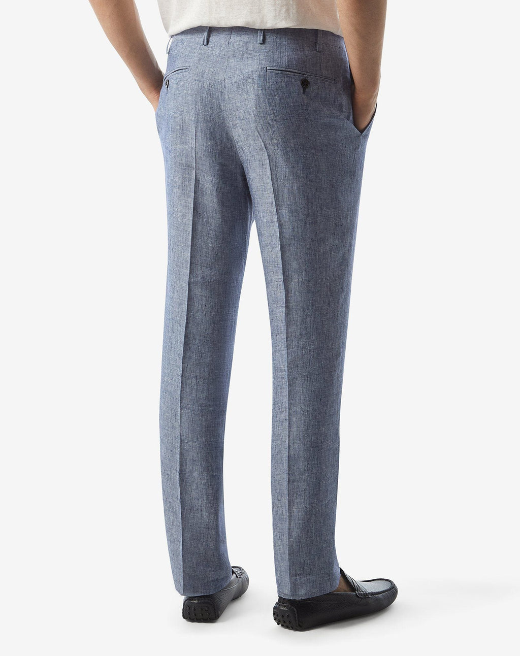 Single-dart denim blue trousers made from pure linen chambray