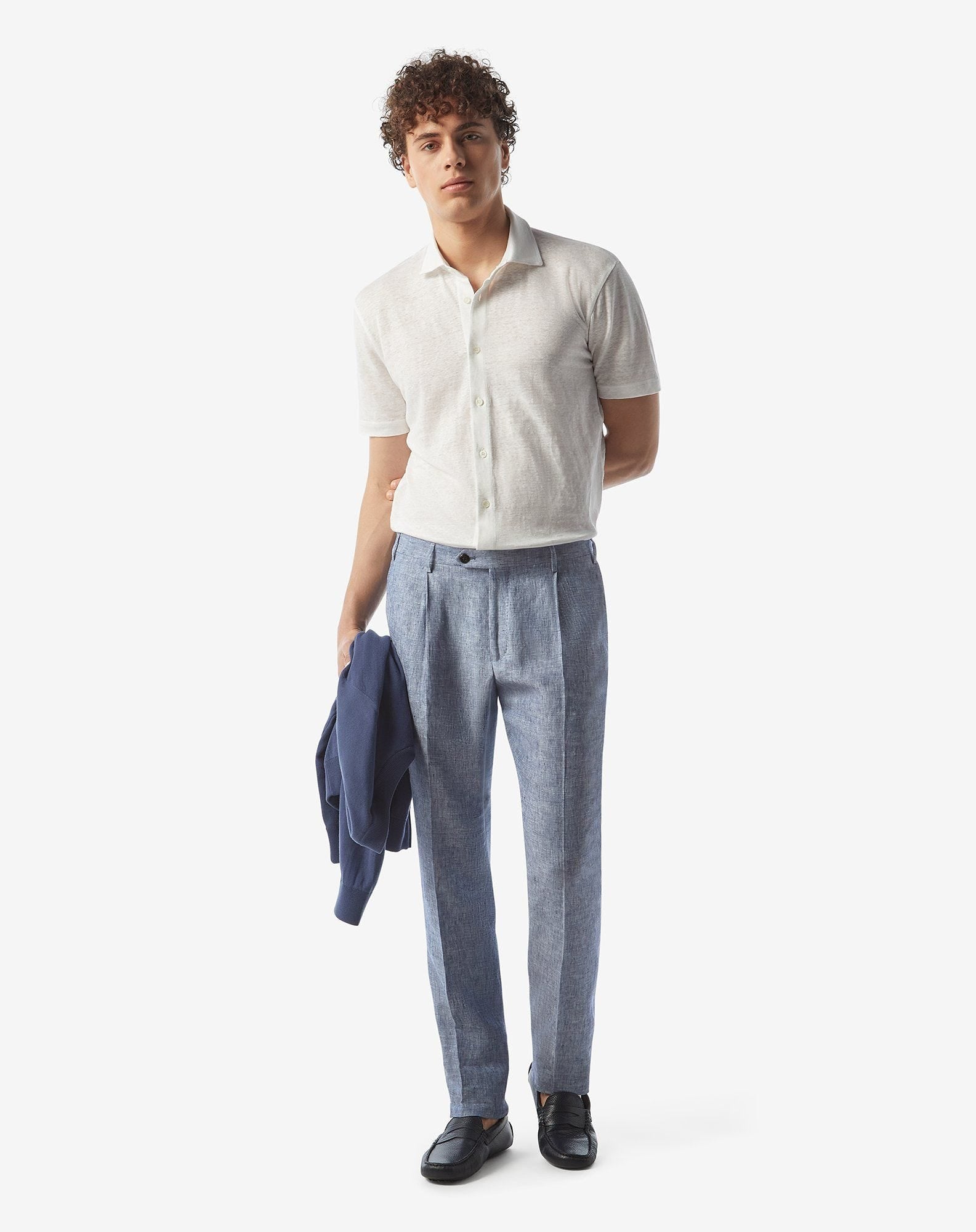 Single-dart denim blue trousers made from pure linen chambray