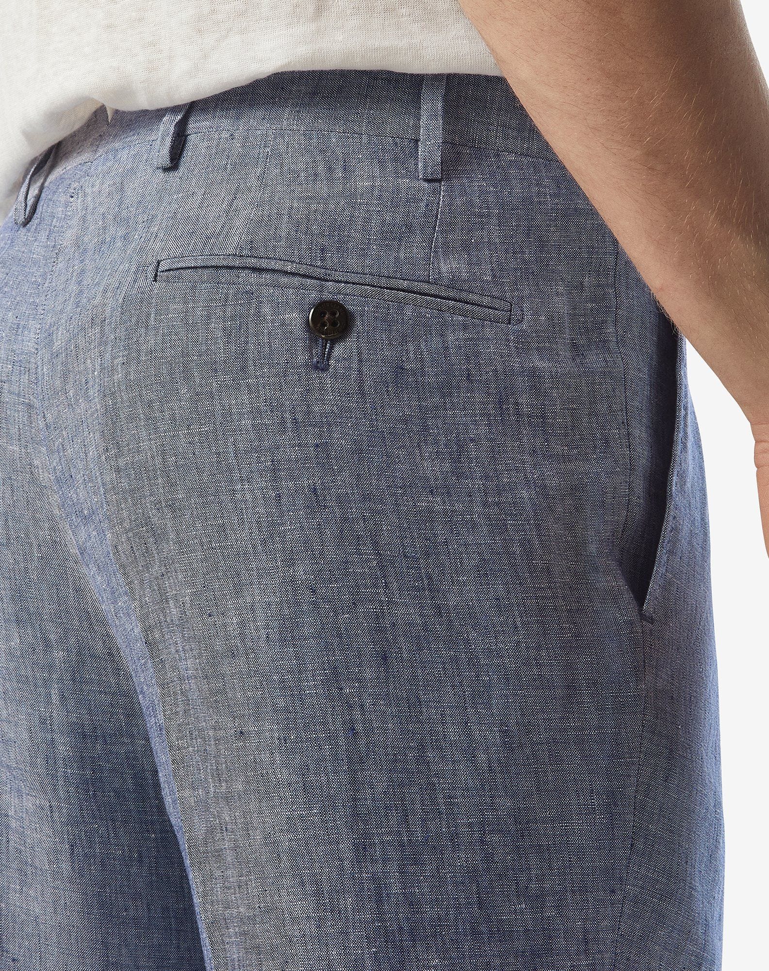 Single-dart denim blue trousers made from pure linen chambray