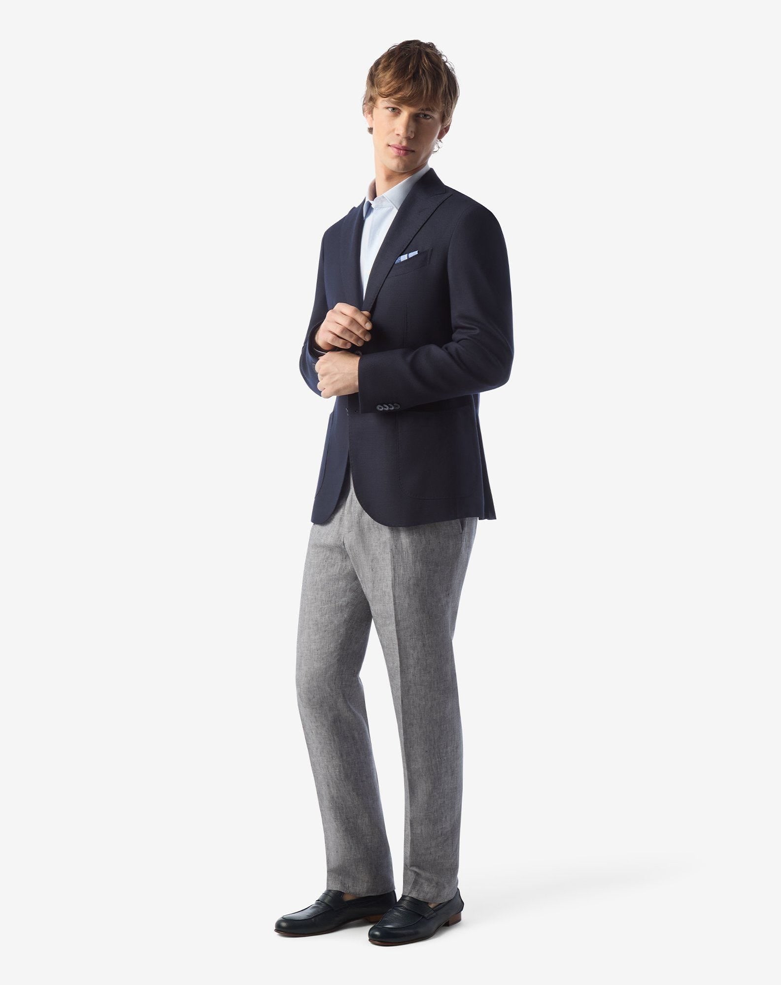 Single-dart grey trousers made from pure linen chambray